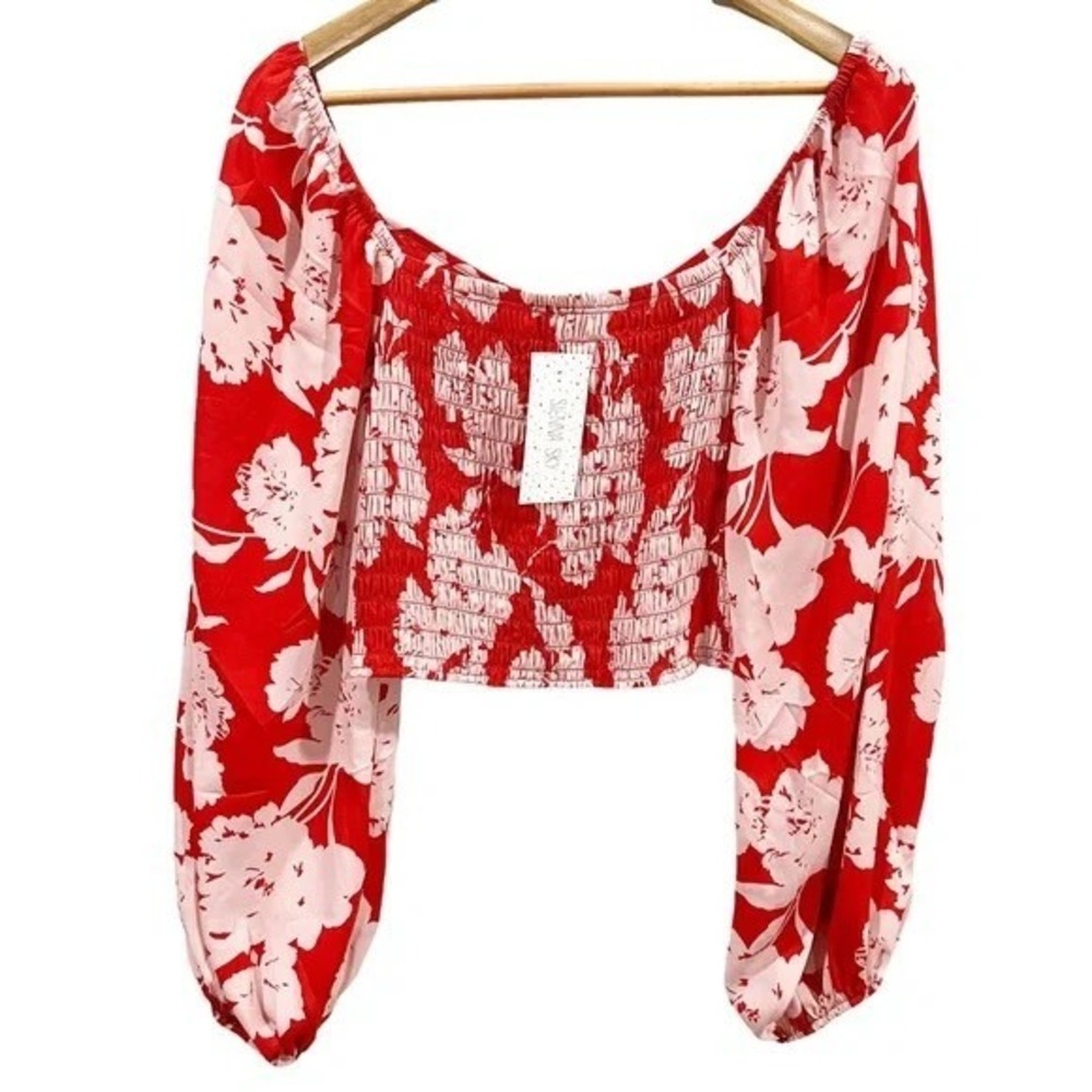 Sienna Sky‎ Red Floral Crop Top Long Sleeve Smocked Tie Front Blouse - Picture 2 of 5